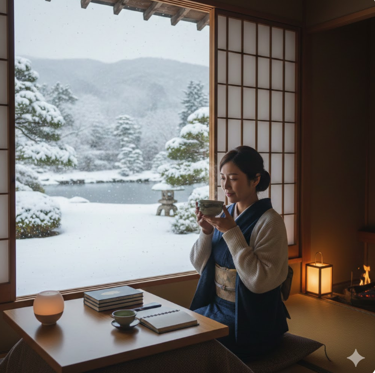 雪景色が広がる静かな和風旅館の窓辺で温かい飲み物を飲む日本人女性。年末年始の国内女一人旅で贅沢な時間を過ごすイメージ。