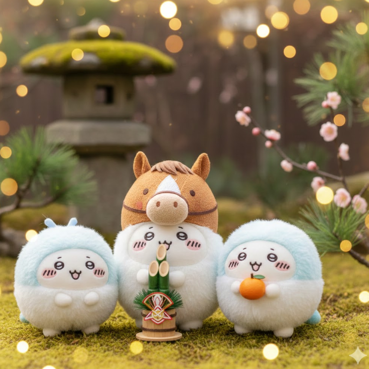 2026年の干支である午年を祝う、馬の被り物をした可愛いキャラクターと門松などの正月飾りのイメージ