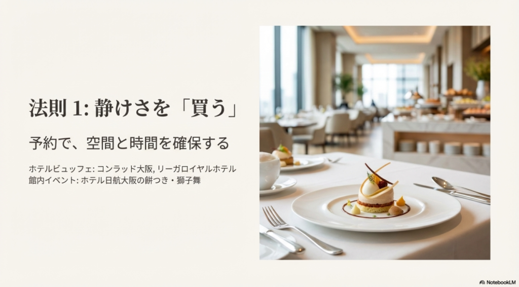 法則1・静けさを買う ホテルビュッフェや館内イベントを予約して空間と時間を確保する「静けさを買う」法則のイメージ