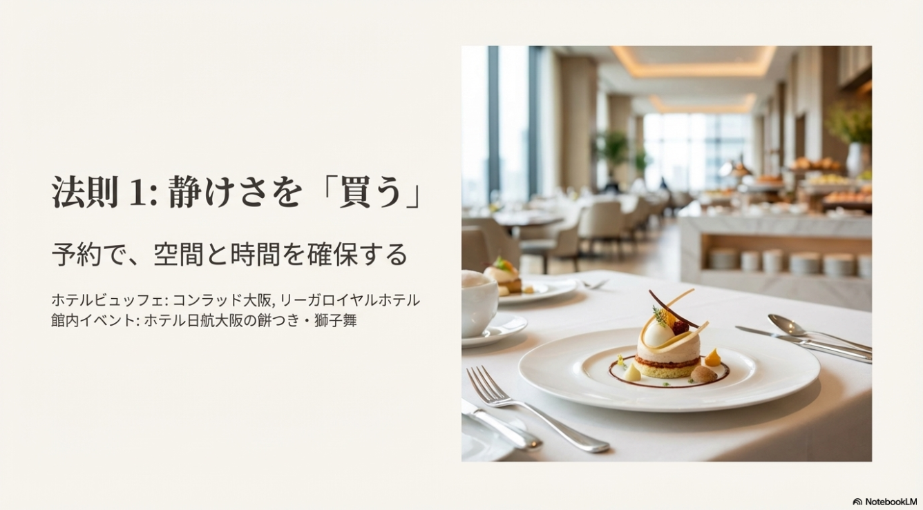 ホテルビュッフェや館内イベントを予約して空間と時間を確保する「静けさを買う」法則のイメージ