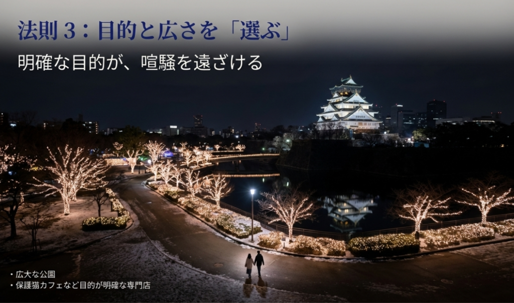 法則3・目的と広さを選ぶ 広大な公園や保護猫カフェなど明確な目的を持って場所を選ぶ「目的を選ぶ」法則のイメージ