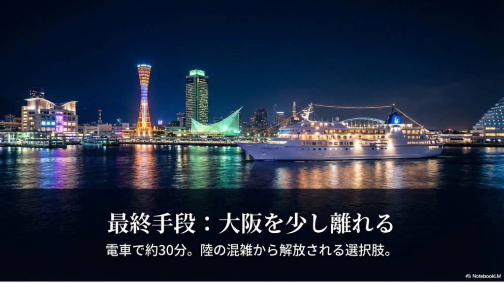 最終手段・大阪を離れる 電車で30分移動して神戸方面へ脱出する選択肢を示すスライド