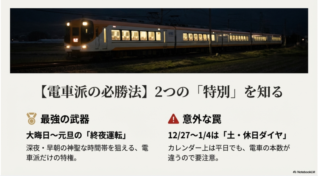 近鉄電車利用のポイント。大晦日の終夜運転活用と、12月27日から始まる土休日ダイヤへの注意喚起。