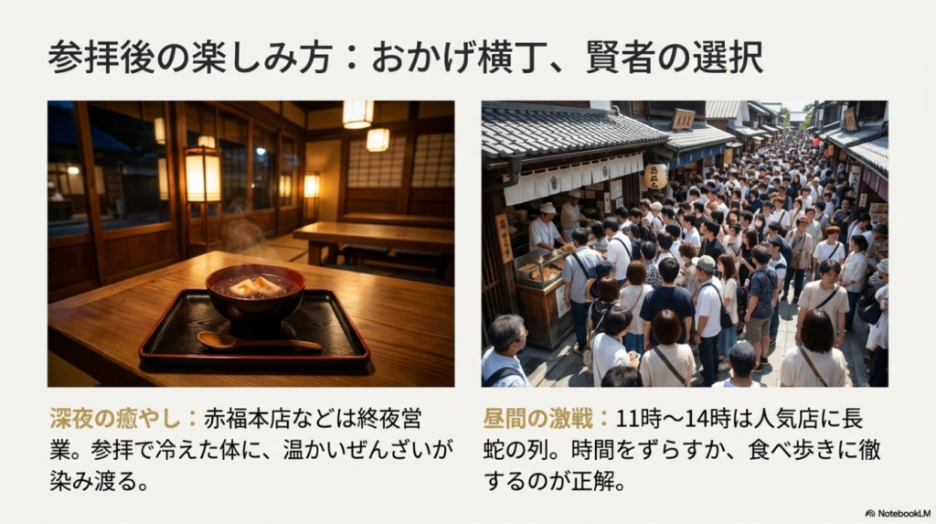 参拝後の楽しみ方ガイド。赤福本店の深夜営業情報と、昼食時の混雑を避けるための賢い選択。