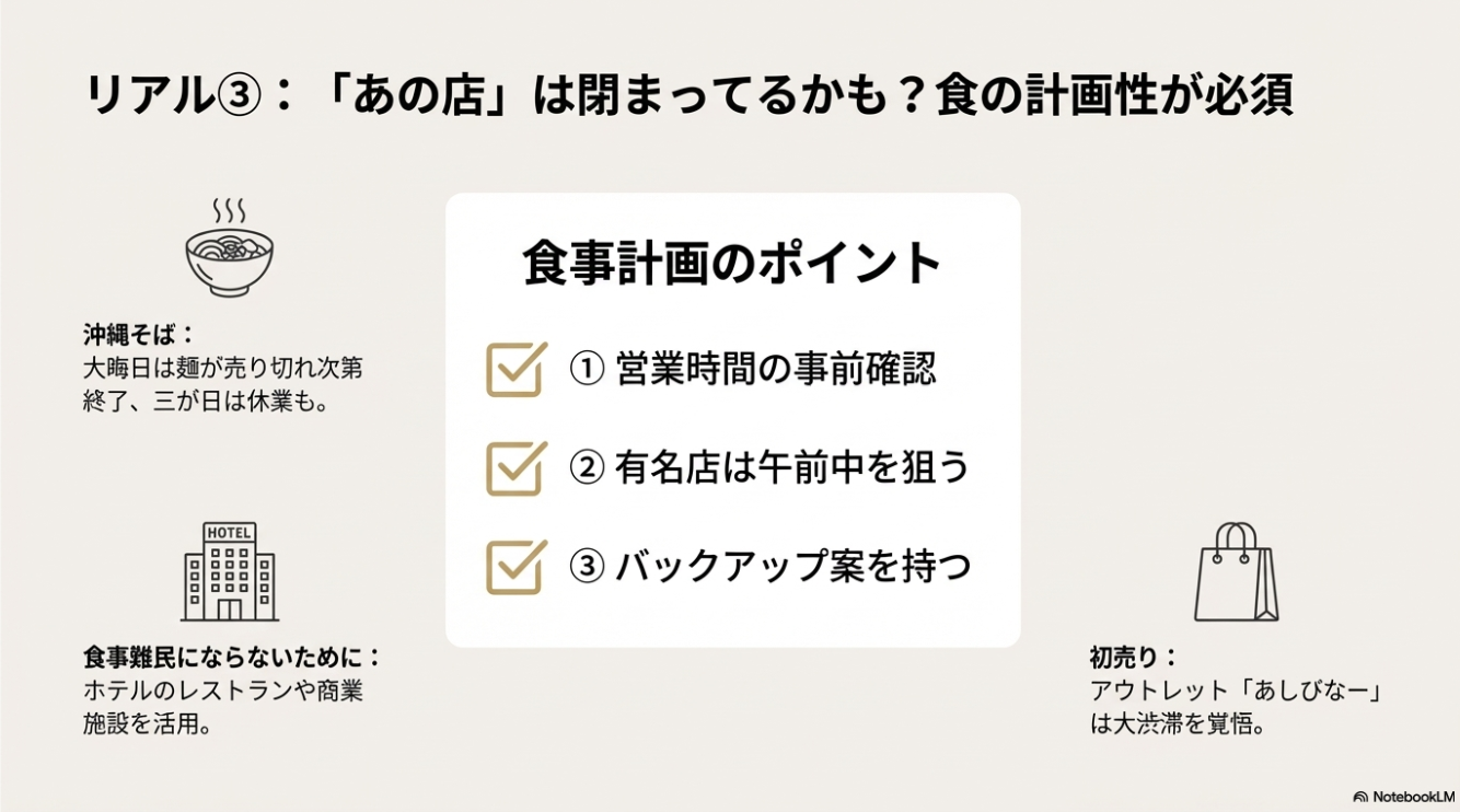 大晦日の沖縄そば屋は売り切れ次第終了や三が日休業のリスクがあることへの注意喚起。ホテルのレストラン利用などの食事難民回避策や、アウトレットモールの初売り渋滞についての解説図。