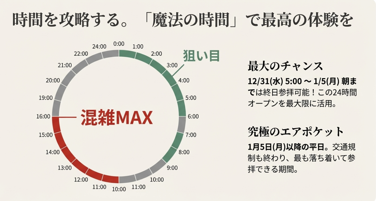 24時間参拝可能な時間帯と混雑回避の狙い目。早朝・深夜の活用と1月5日以降のエアポケット期間の図解。