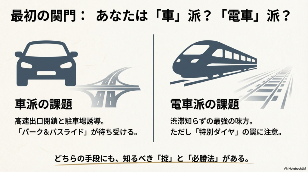 伊勢神宮へのアクセス手段別課題チャート。車派は交通規制、電車派は特別ダイヤに注意が必要。