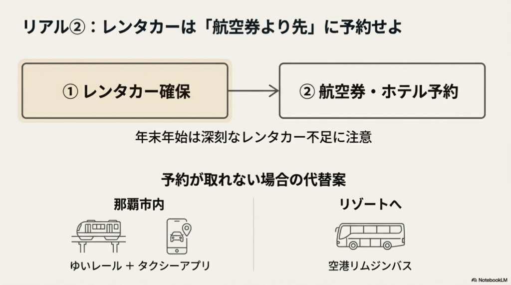 航空券やホテルよりも先にレンタカーを確保すべきというフローチャート。予約できない場合の代替案としてゆいレールやタクシーアプリ、空港リムジンバスの活用を提案する図。