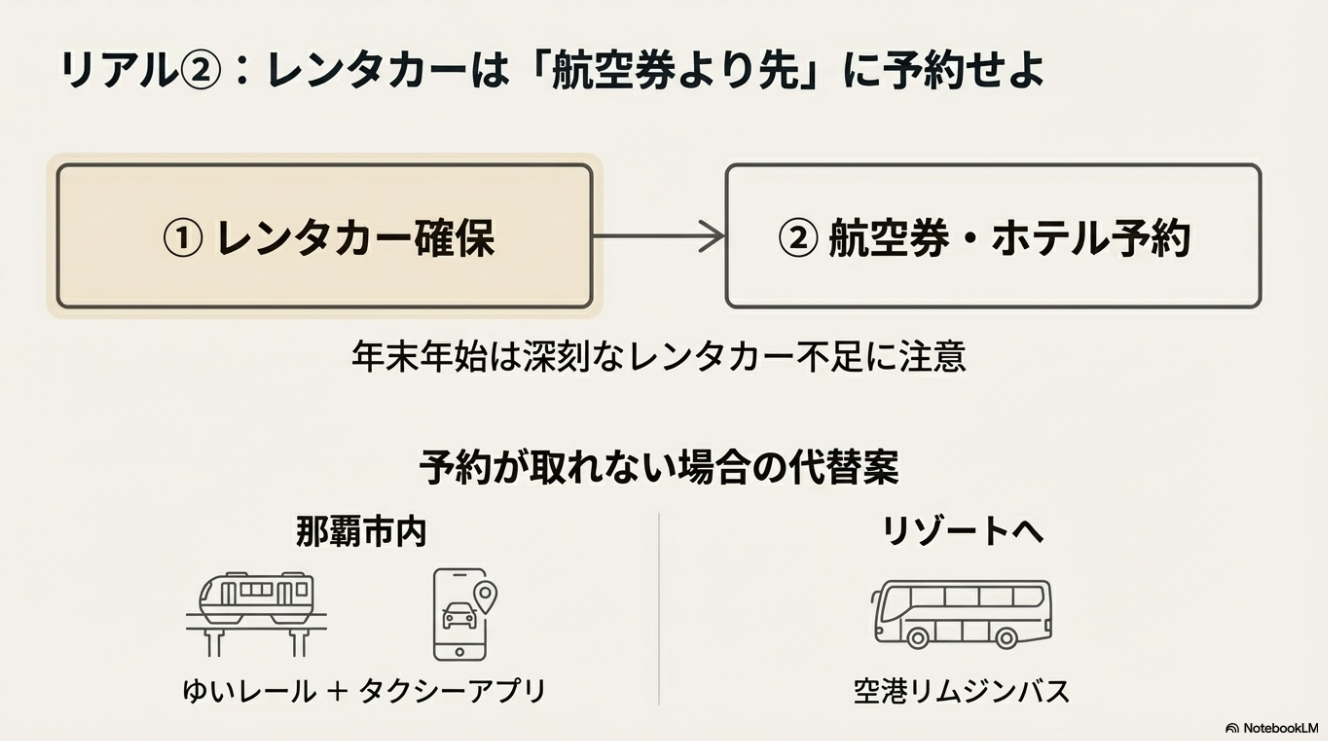 航空券やホテルよりも先にレンタカーを確保すべきというフローチャート。予約できない場合の代替案としてゆいレールやタクシーアプリ、空港リムジンバスの活用を提案する図。