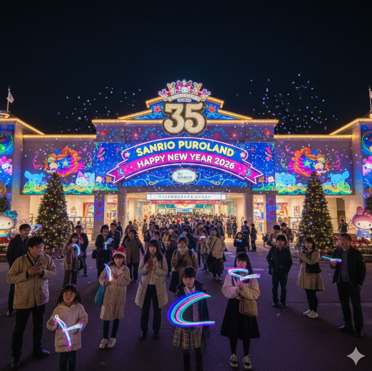 2025年〜2026年の年末年始に35周年を迎えるサンリオピューロランドの外観。夜景にライトアップされ、入り口付近に多くの来場者がいる様子。