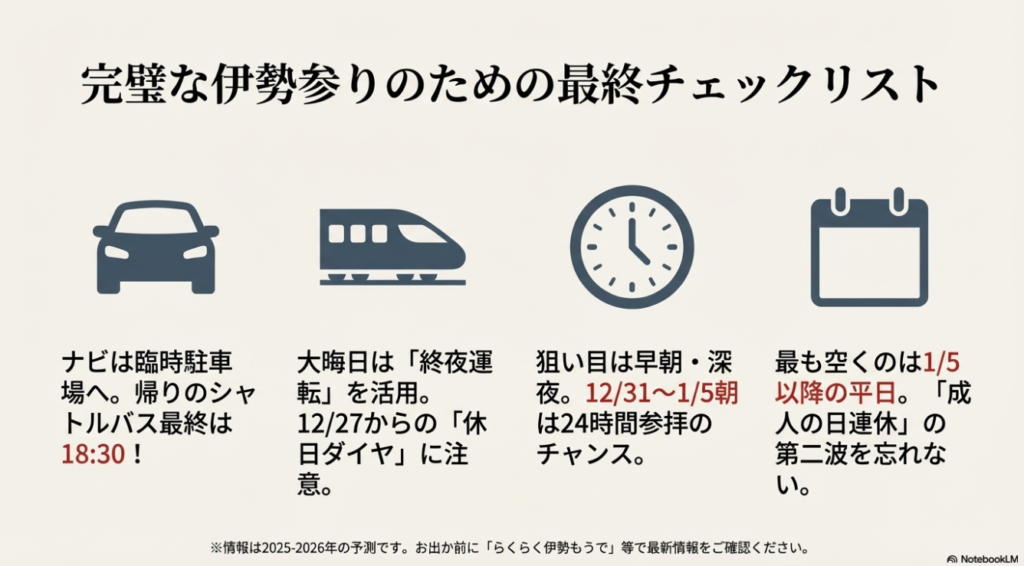 完璧な伊勢参りのための重要ポイントまとめ。ナビ設定、バス時刻、ダイヤ確認などの最終確認事項。