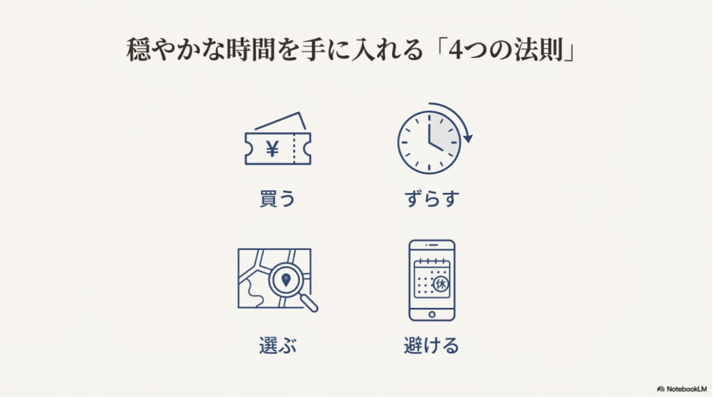 混雑回避の4つの法則 大阪の年末年始でゆっくり過ごすための4つの法則(静けさを買う、時間をずらす、場所を選ぶ、混雑を避ける)の図解