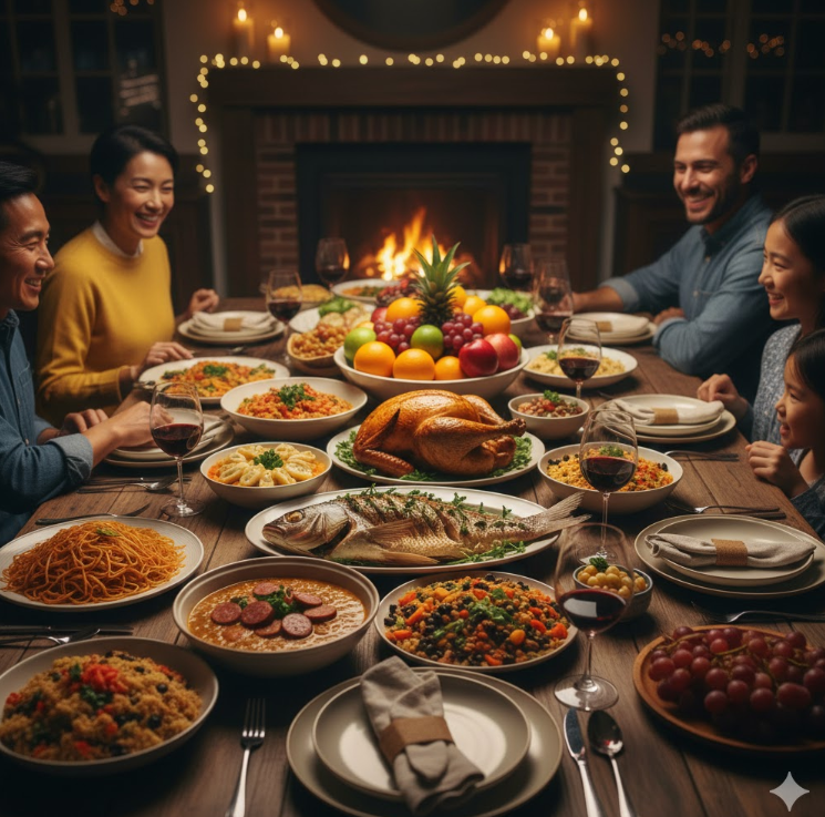 世界の色んな国のご馳走が並んでいるテーブル