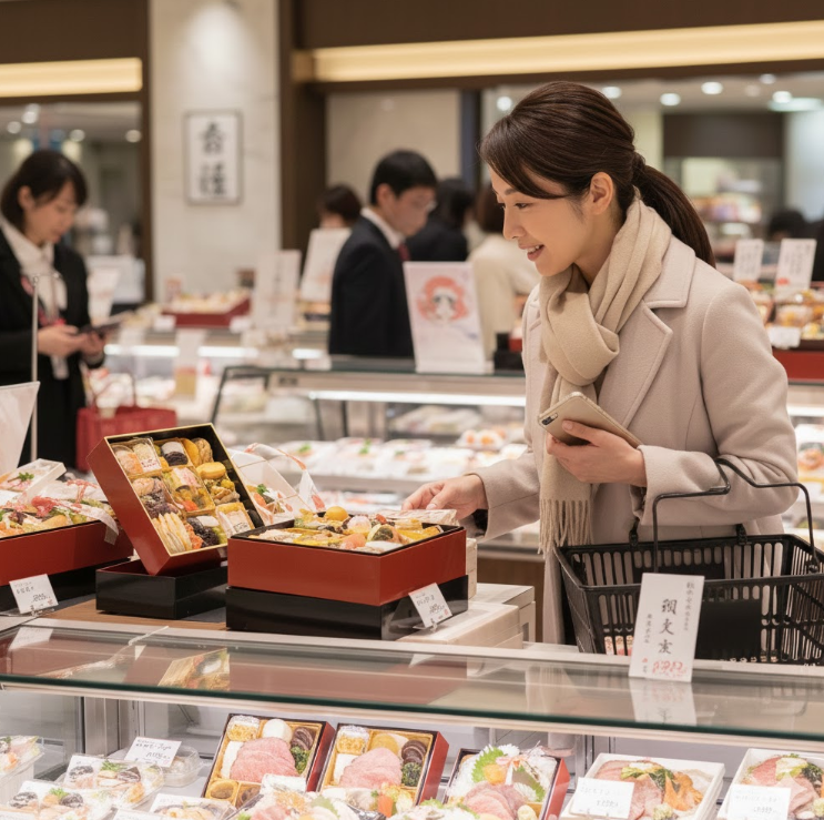お正月に食べるご馳走をデパ地下で選んでいる主婦