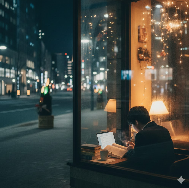 年末年始の静まりかえった街並みと、暖かい光が漏れるカフェの窓際で真剣に勉強に打ち込むアジア人（日本人）の受験生の後ろ姿。