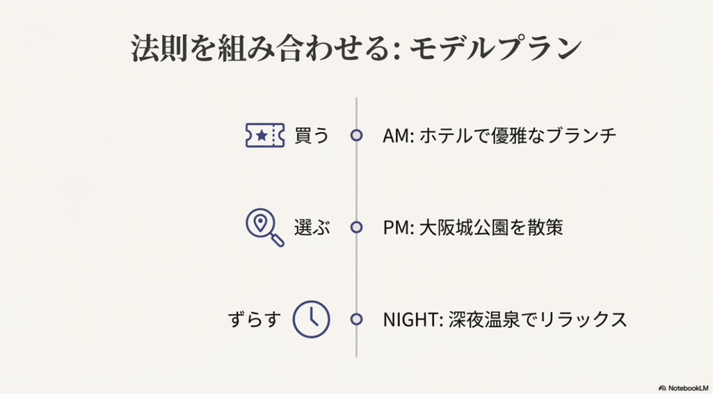混雑回避モデルプラン ホテルブランチ、公園散策、深夜温泉を組み合わせた大阪の年末年始モデルコースの図