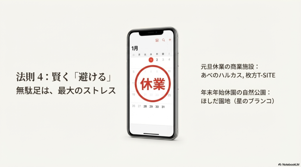 法則4・賢く避ける(カレンダー) 2026年1月1日の商業施設休業や年末年始の自然公園休園情報を示したカレンダー