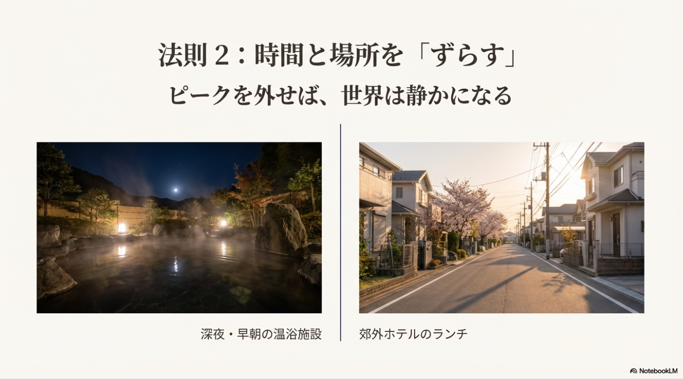 深夜や早朝の温浴施設、郊外ホテルを利用してピークを外す「時間をずらす」法則のイメージ