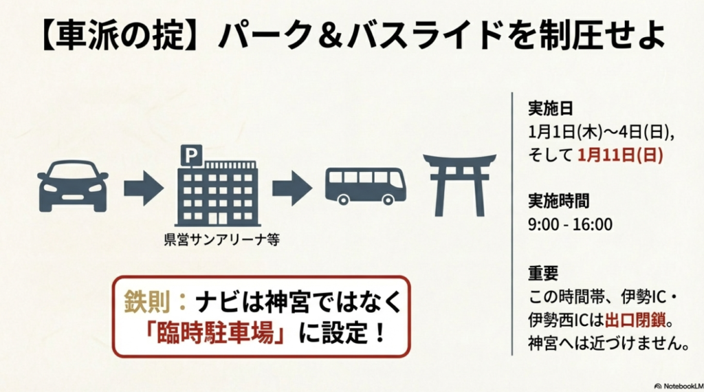 パーク＆バスライドの実施詳細図。県営サンアリーナ等の臨時駐車場位置と1月1日〜4日・11日の実施スケジュール。
