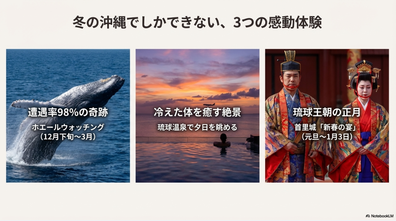 冬の沖縄でしかできない体験として、遭遇率の高いホエールウォッチング、絶景の琉球温泉、首里城の新春の宴を紹介するイメージ図。