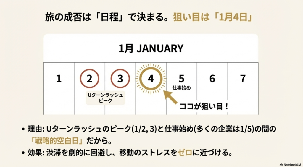 1月4日を狙うことでUターンラッシュを回避するカレンダー戦略