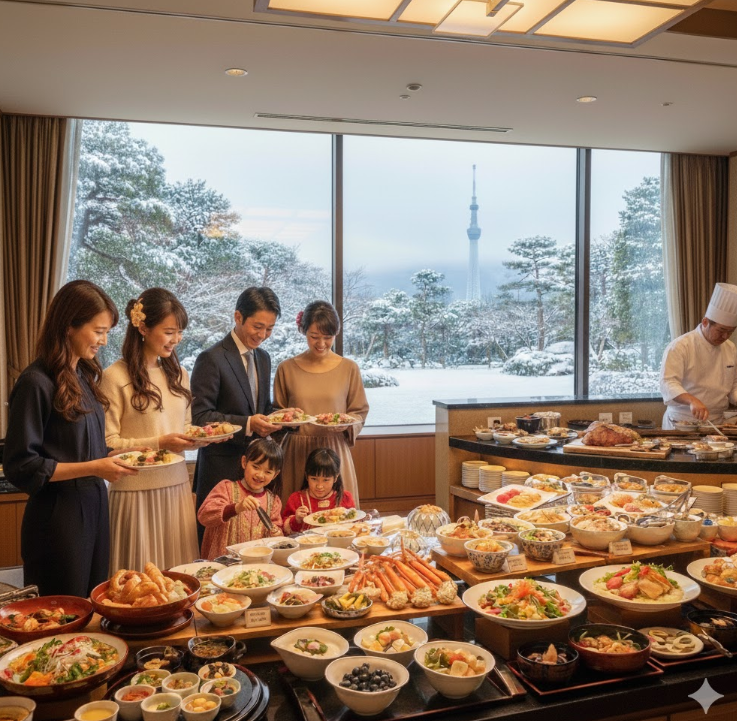 雪景色を背景にした東京のホテルバイキングで、和服を着た家族三世代が楽しそうに料理を選んでいる。