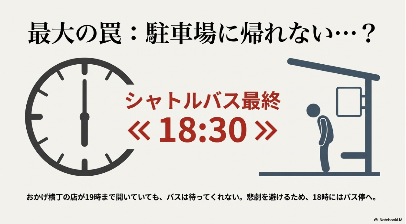 帰りのシャトルバス最終便は18時30分まで。駐車場に戻れなくなるリスクへの警告。