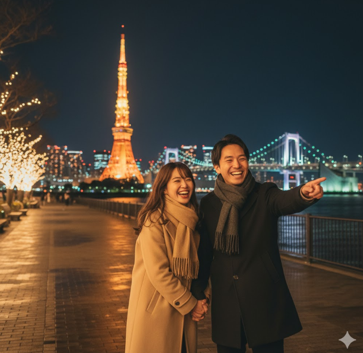 お正月に東京でデートするカップル。