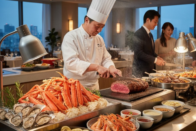 シェフが目の前でローストビーフをカットし、新鮮なカニやエビ、牡蠣が並ぶ豪華なホテルバイキング。