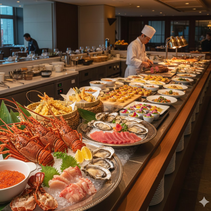 ホテルの豪華なビュッフェカウンター。伊勢海老などの新鮮な海の幸や彩り豊かな料理が並び、食欲をそそる。