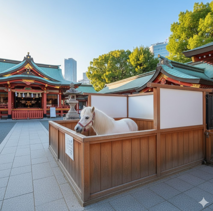 東京の神田明神で親しまれている神馬のポニーと神社境内の穏やかな様子