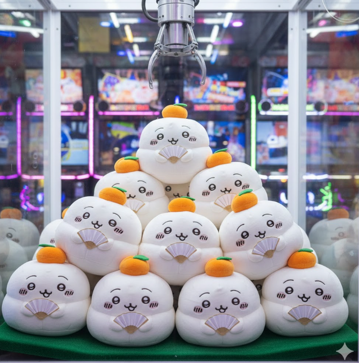 ゲームセンターのクレーンゲーム内にある、鏡餅の姿をした白いちいかわのキャラクターのぬいぐるみ