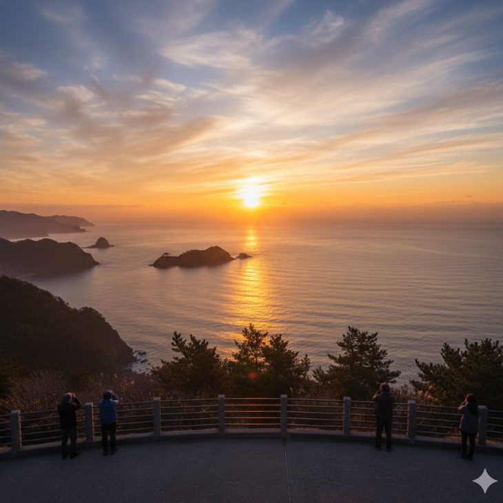 鳥羽展望台から望む初日の出。水平線から朝日が昇り、海と空をオレンジ色に染め上げている。