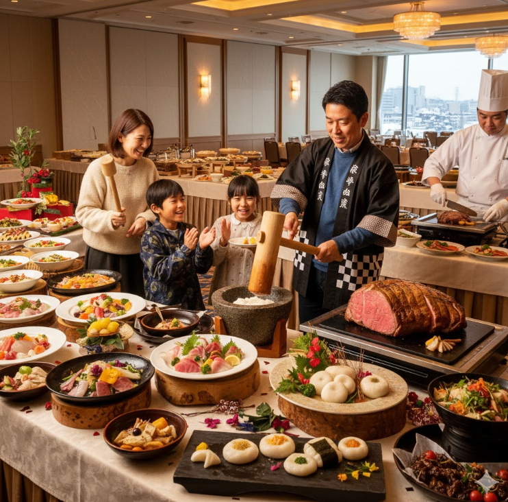 仙台国際ホテルのニューイヤーバイキングで、餅つきを楽しむ家族の様子。つきたてのお餅やローストビーフなど豪華な料理が並び、新年の贅沢なひとときを表現。
