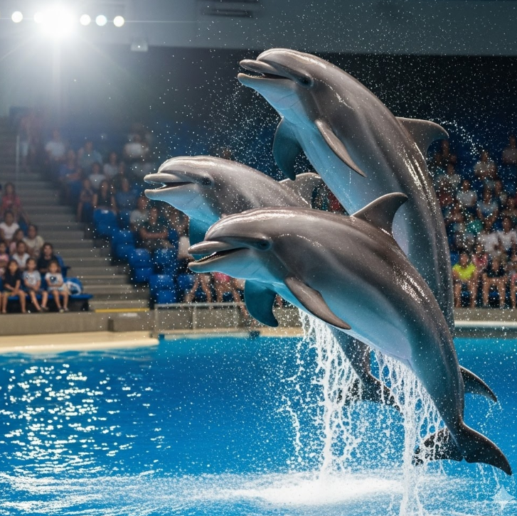 イルカショーの美しいイルカの様子