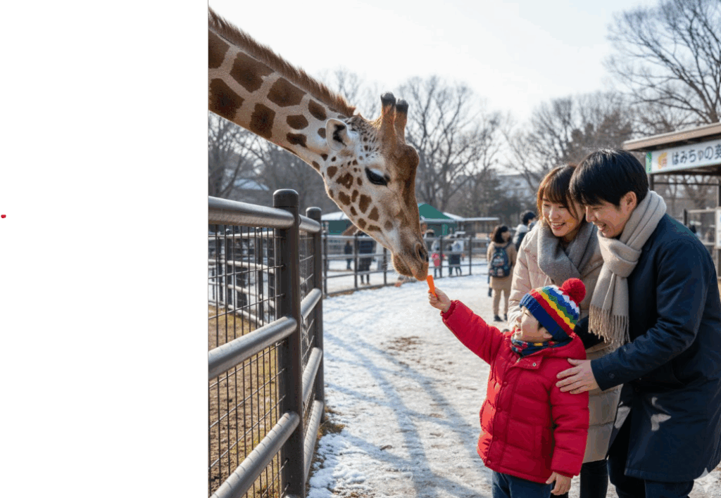  八木山動物公園で、動物たちに餌やり体験をする子供とそれを見守る親。冬の澄んだ空気の中、家族で楽しむお正月の動物園の様子。