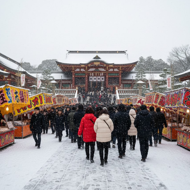 雪化粧した大崎八幡宮の参道を、初詣に訪れた多くの参拝者が歩く様子。露店が並び、新年の厳かな雰囲気と賑わいが共存している。