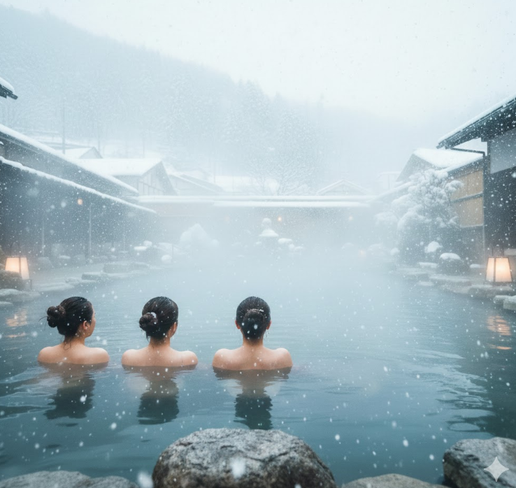 雪が舞い落ちる中、秋保温泉の露天風呂で温まる人々の後姿。湯気が立ち上り、日帰り温泉でリラックスする癒やしの時間が表現されている。