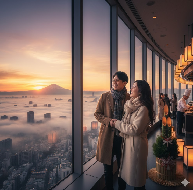 東京の展望台から初日の出と富士山を眺めるカップル。