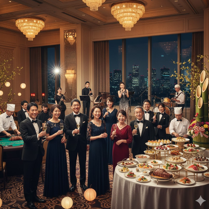 高級ホテルのボールルームで、年末年始の華やかなカウントダウンパーティーを楽しむ人々。