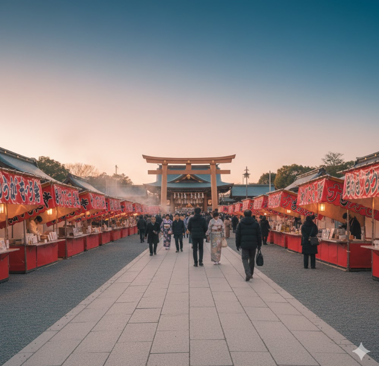 早朝の神社に立ち並ぶ屋台と、初詣に訪れる参拝客の様子。