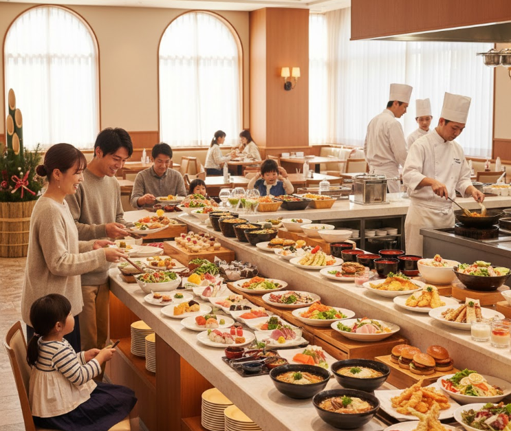 家族連れで賑わう、和洋中の料理が豊富に並んだカジュアルなホテルバイキング。