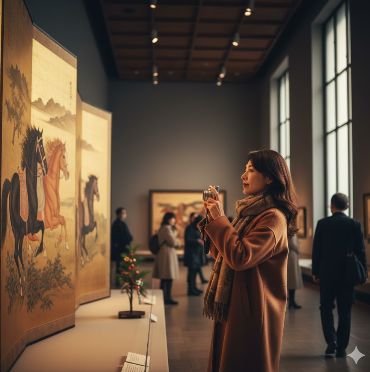 東京国立博物館で、午年にちなんだ馬の屏風絵を鑑賞し写真を撮る女性。