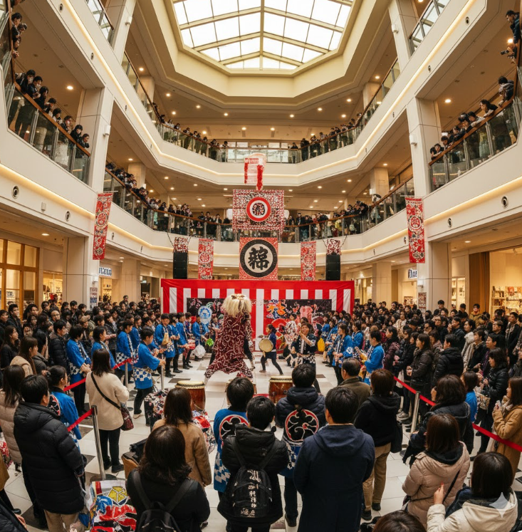 ショッピングモールの広場で新春和太鼓演奏と獅子舞を鑑賞する家族連れ。