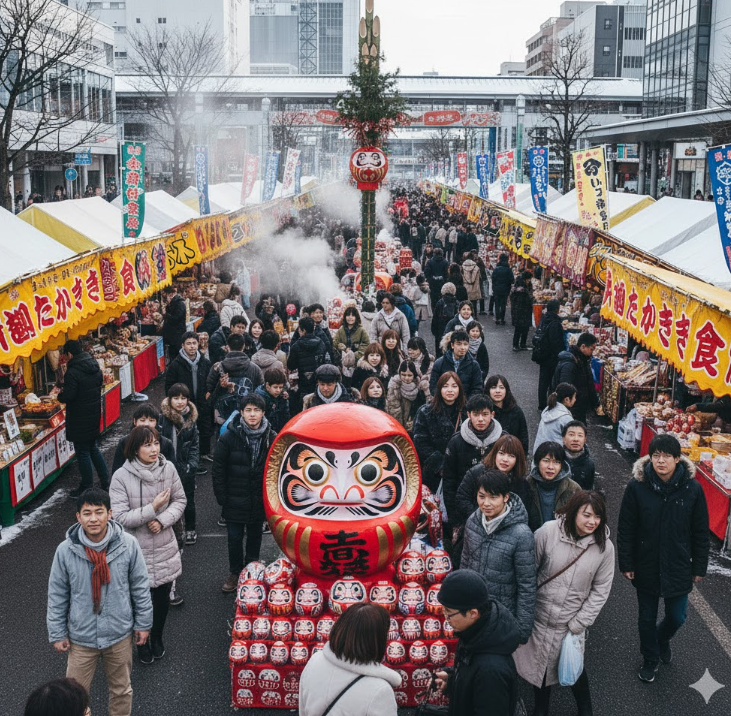 大勢の人で賑わう群馬県高崎市の「高崎だるま市」の様子。多くの露店が立ち並び、赤いだるまが飾られている。