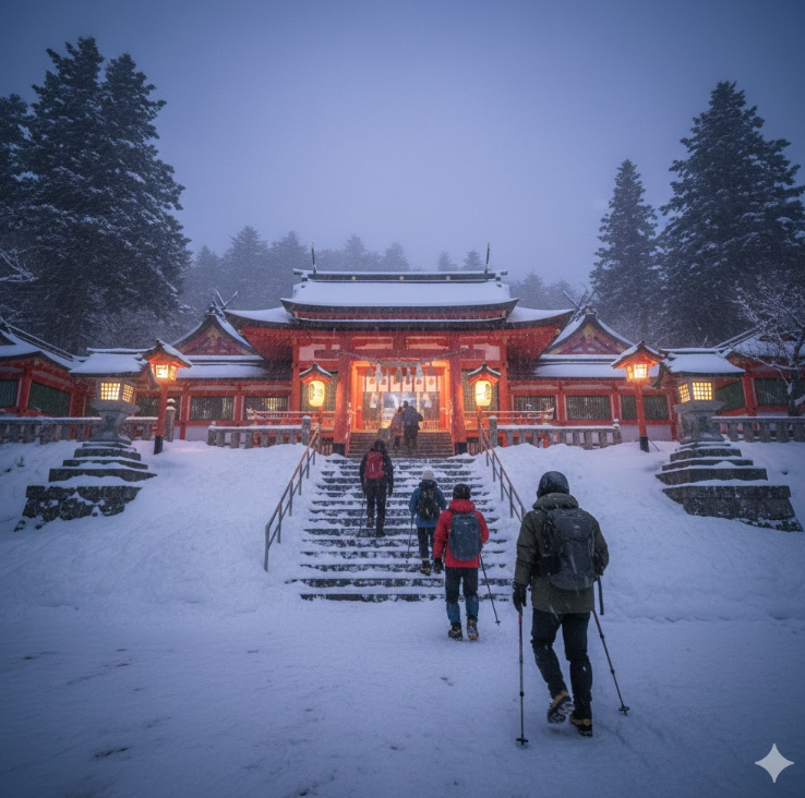 雪が降り積もる厳かな神社で、初詣に訪れた参拝客が階段を上っている。