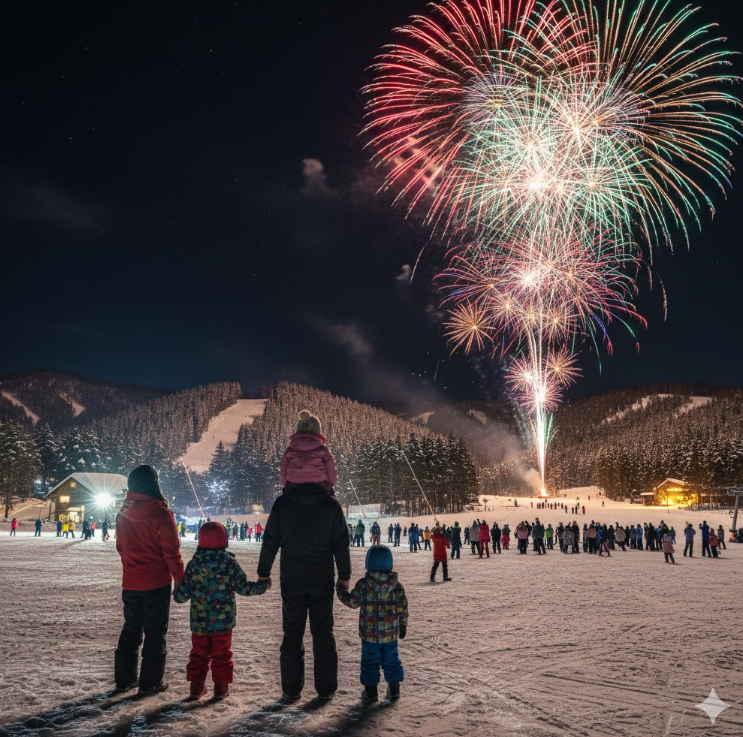 雪に覆われたスキー場で、家族がゲレンデの花火を見上げている。子供は父親の肩車に乗っている。