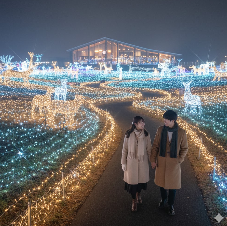 道の駅の広大な敷地を彩るイルミネーションの中を、手をつないで散策するカップル。