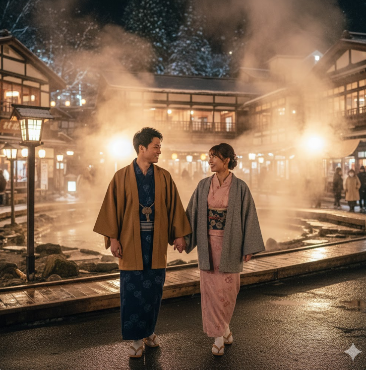 雪がちらつく夜の温泉街で、浴衣を着たカップルが湯畑のそばを散策している。