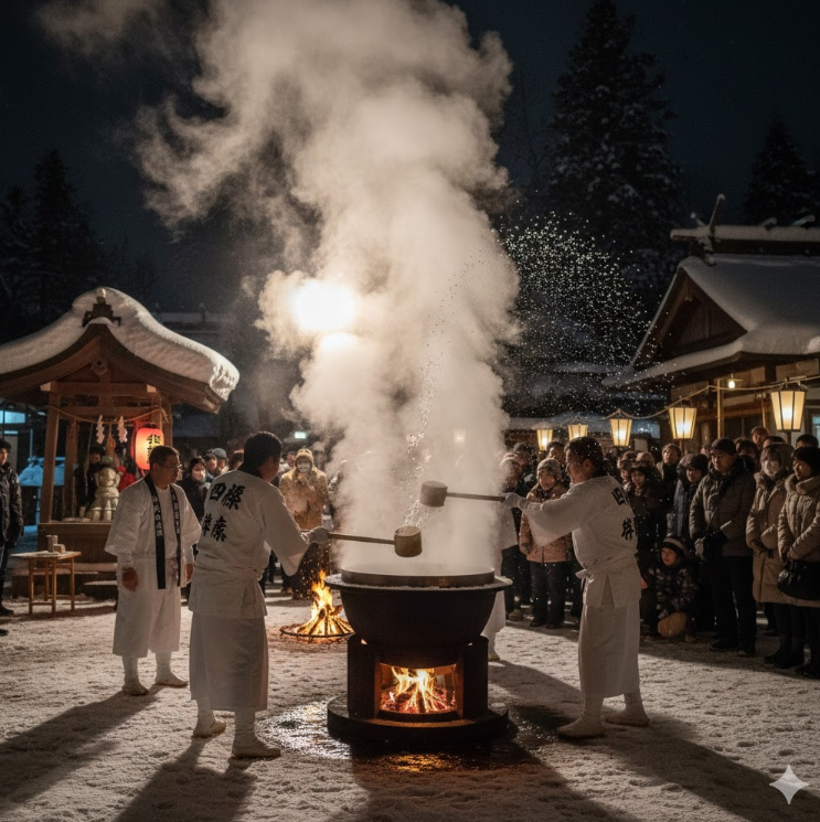 雪が積もる夜の広場で、伝統的な「四万湯立祭」が行われている。男性が大きな釜の湯を勢いよくまき上げ、湯気が立ち上っている。